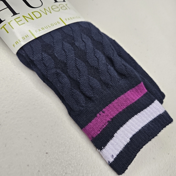 Hue Trendwear Knee Socks Cable Knit Navy Blue Purple Striped One Size - Picture 2 of 3
